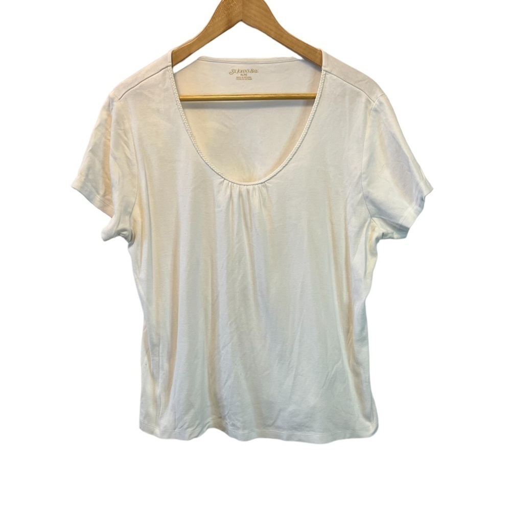 ST. JOHN’S BAY White Cotton Braided V Neck Short Sleeve Casual Tee Shirt XL